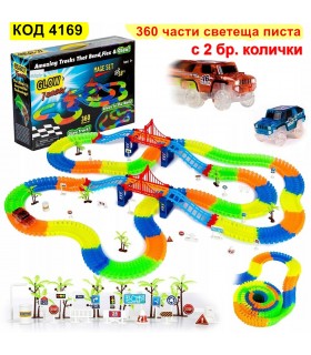 360 части Magic Tracks светеща писта с 2бр. колички, мост, пътни знаци