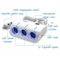 МОЩЕН 120W РАЗКЛОНИТЕЛ ЗА КОЛА С 3 ГНЕЗДА ЗА ЗАПАЛКА И 2 USB ВХОДА