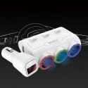 Мощен троен разклонител за запалка с USB и волтметър ,12/24V