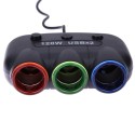 Мощен троен разклонител за запалка с USB и волтметър ,12/24V