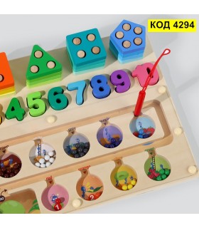 Дървена детска игра лабиринт с топчета, сортер и цифри 3 в 1