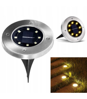 Соларна LED лампа за земя Disk Lights - 8 LED, топла жълта светлина, инокс