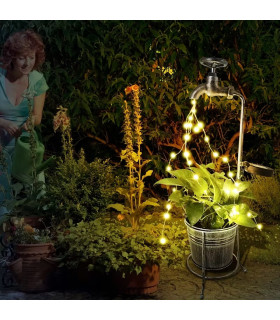Соларна градинска лампа Чешма с LED нишки и метална кофа-саксия