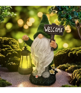 Градинско соларно джудже за декорация с фенер и табела Welcome