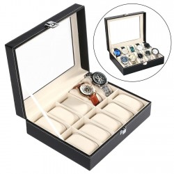 Черна кожена кутия за часовници и гривни с 10 отделения