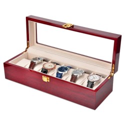 Дървена кутия за часовници с прозрачен PVC капак, С включени 6 броя подложки